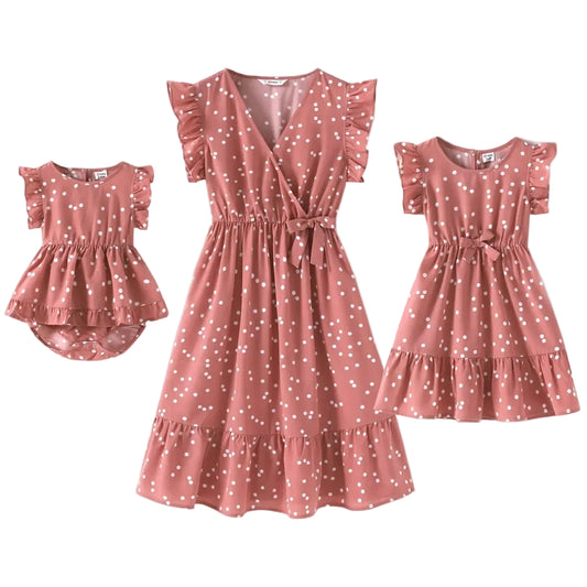 Family Matching Polka Dot Flutter-Sleeve Wrap Dress — Mom & Daughter