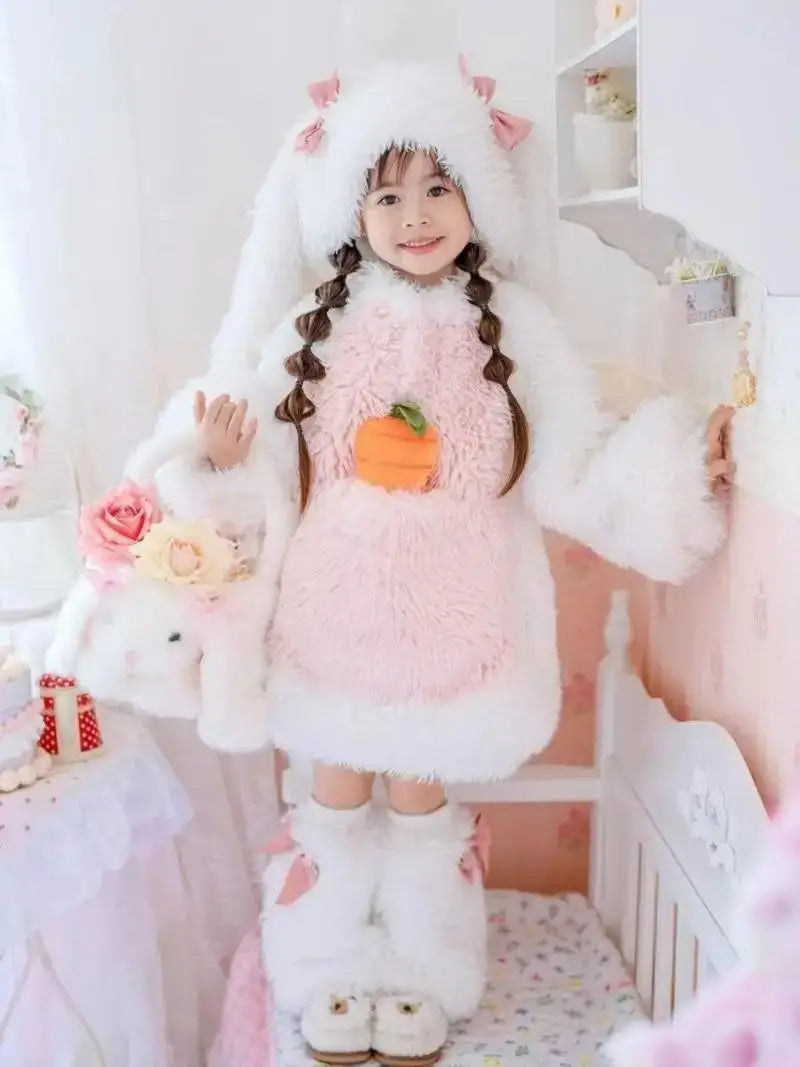 Cartoon Children Plush Rabbit Cosplay Costume Kawaii Kids Winter Warm Sets Top Pants Hat Suit Girl Halloween Party Outfits Gift