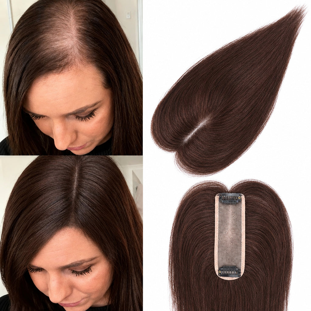 Women's Straight Human Hair Topper — 4 × 13 cm Mono & PU Base