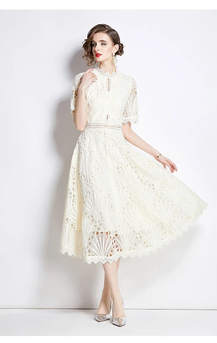 Women's Vintage High-End Lace Hollow-Out Long Dress — Slim Elegant Summer Gown