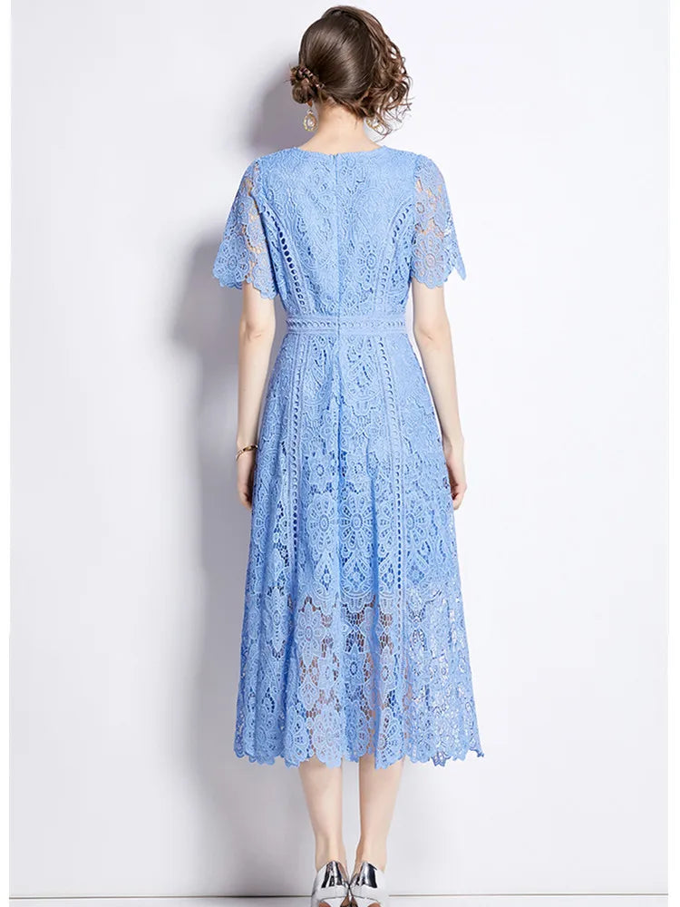 Women's Vintage High-End Lace Hollow-Out Long Dress — Slim Elegant Summer Gown