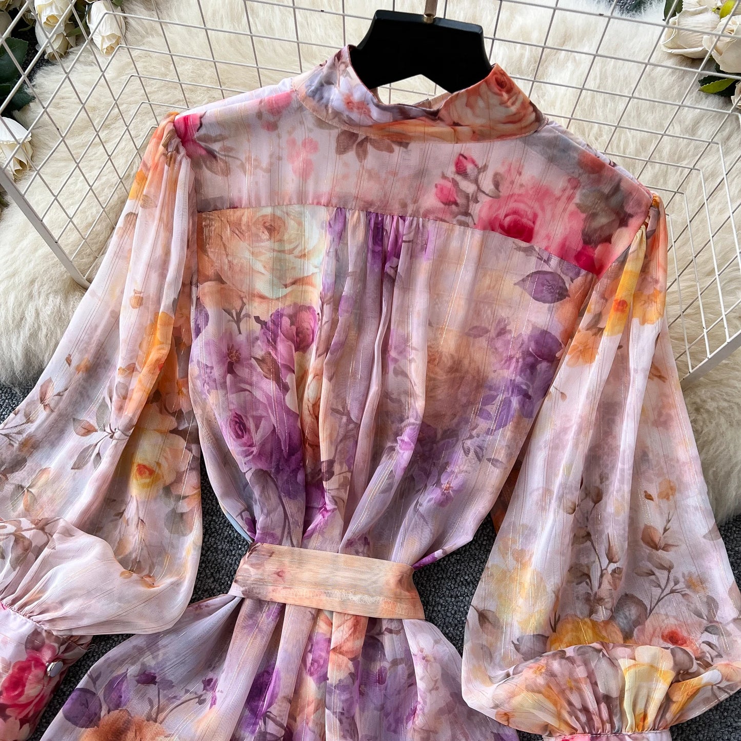 Women's French Vintage Palace Print Dress — Stand Collar Lantern Sleeve A-Line