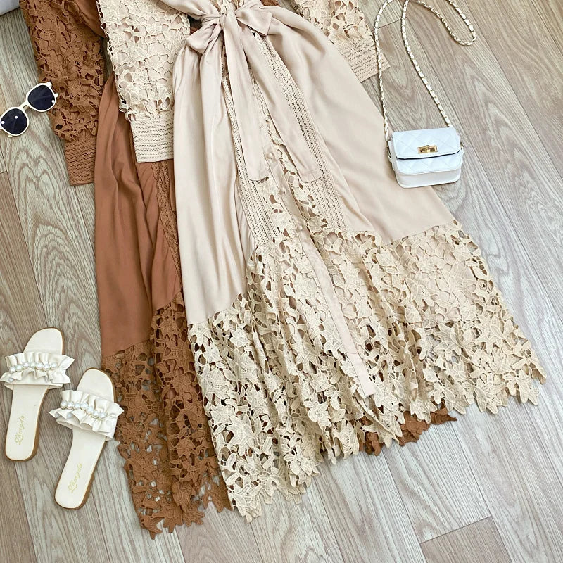 Women's Vintage Lace Bell Sleeve Dress — Waist-Cinching Belt A-Line Gown