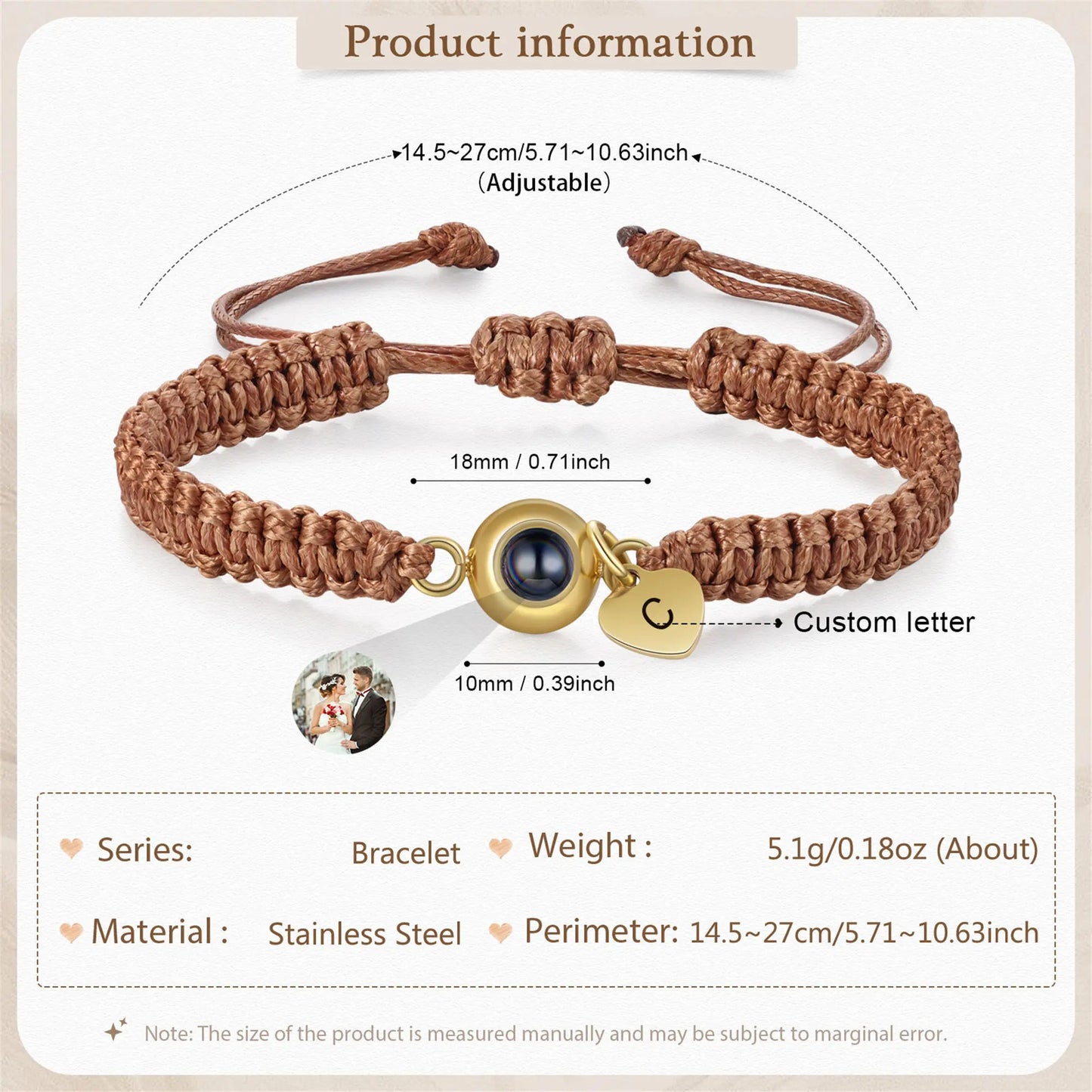 Personalized Photo Projection Bracelet with Custom Letter & Heart Pendant