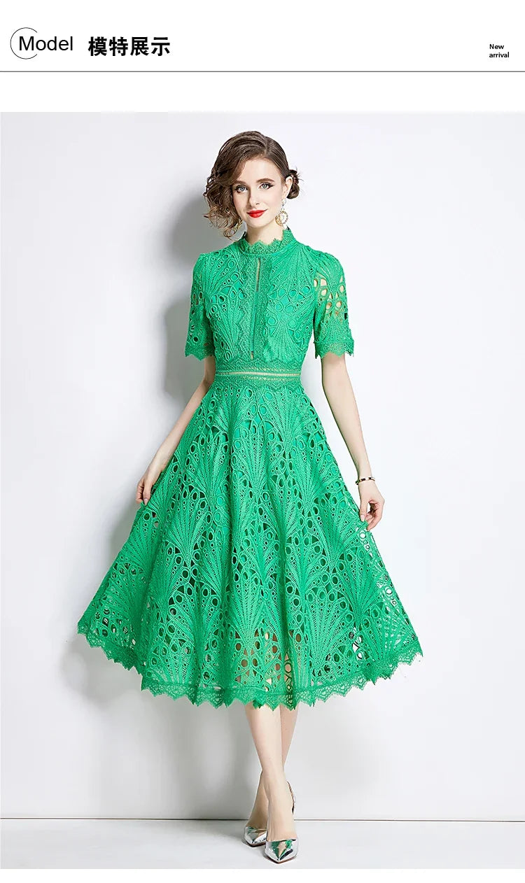 Women's Vintage High-End Lace Hollow-Out Long Dress — Slim Elegant Summer Gown
