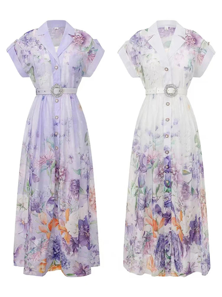 Women's French Countryside Chiffon Printed Dress — Raglan Sleeve A-Line