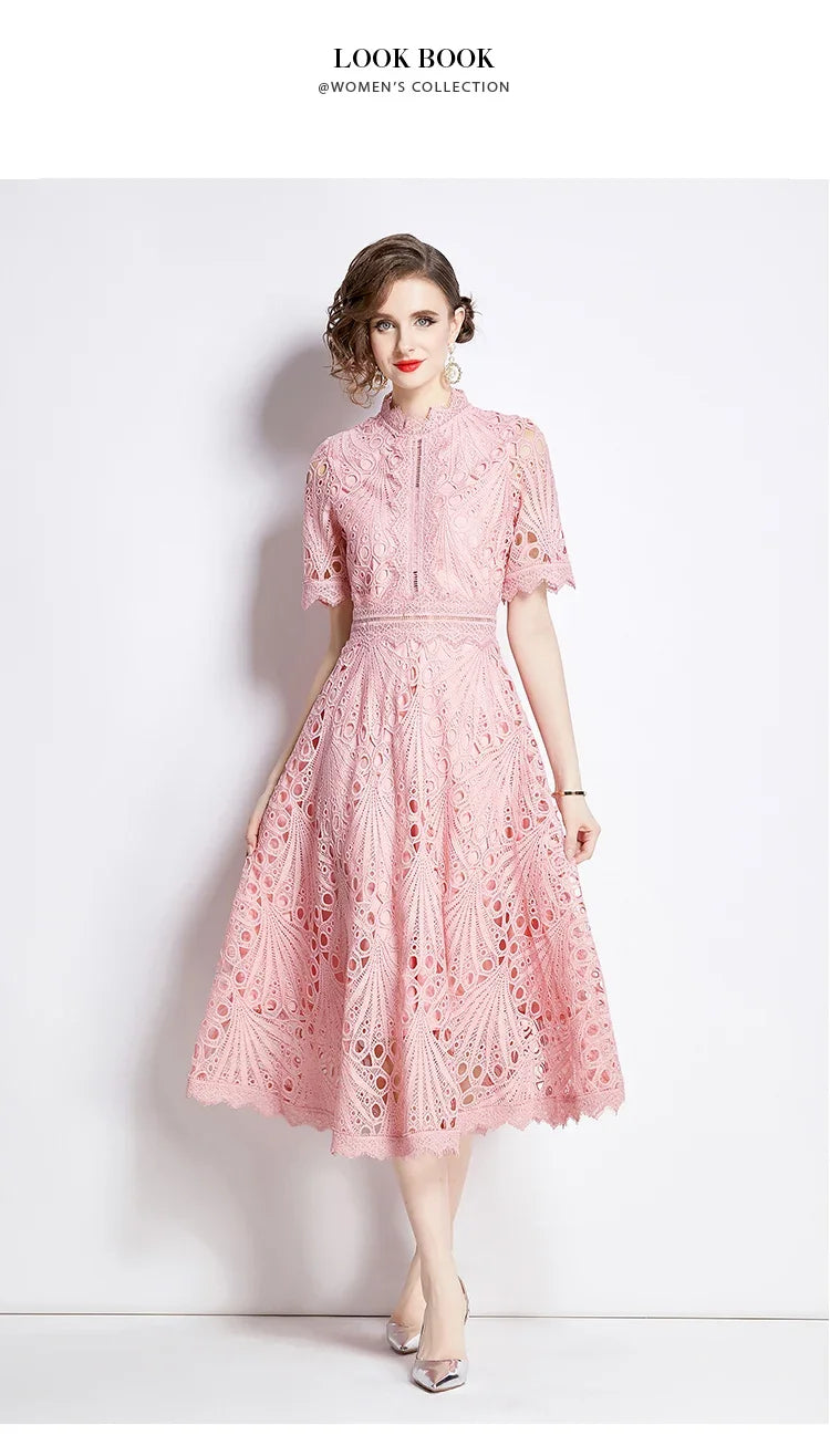 Women's Vintage High-End Lace Hollow-Out Long Dress — Slim Elegant Summer Gown