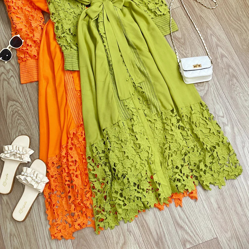 Women's Vintage Lace Bell Sleeve Dress — Waist-Cinching Belt A-Line Gown