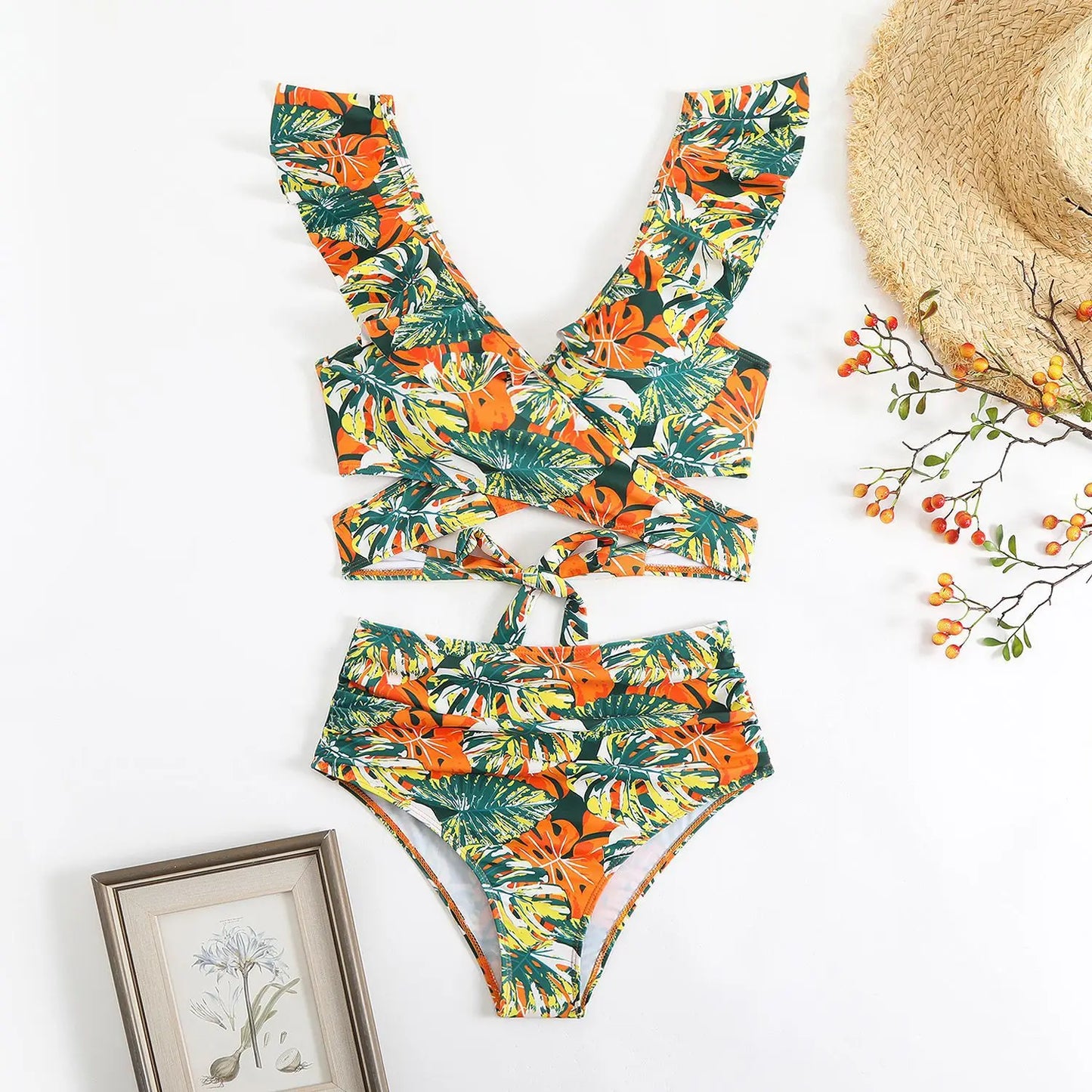 Women's Floral Print Two-Piece Bikini Set — High Waist Sexy Ruffled Swimsuit