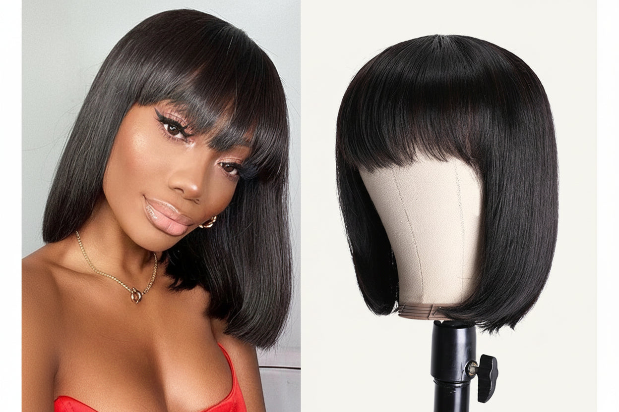 Straight Bob Wig With Bangs 100% Human Hair Wigs For Women Blunt Cut Brazilian Hair Wigs Full Machine Short Human Hair Wigs