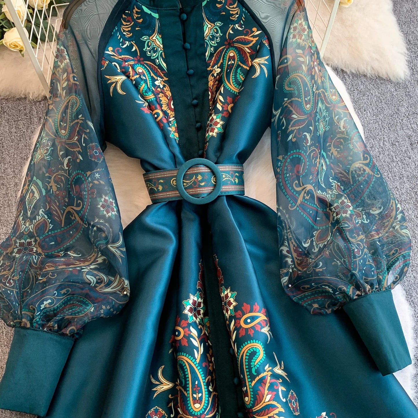 Elegant European Court Style Vintage Mesh Splice Print Lantern Sleeve Long Dress Women's Waist Cinching Slimming Maxi Gown