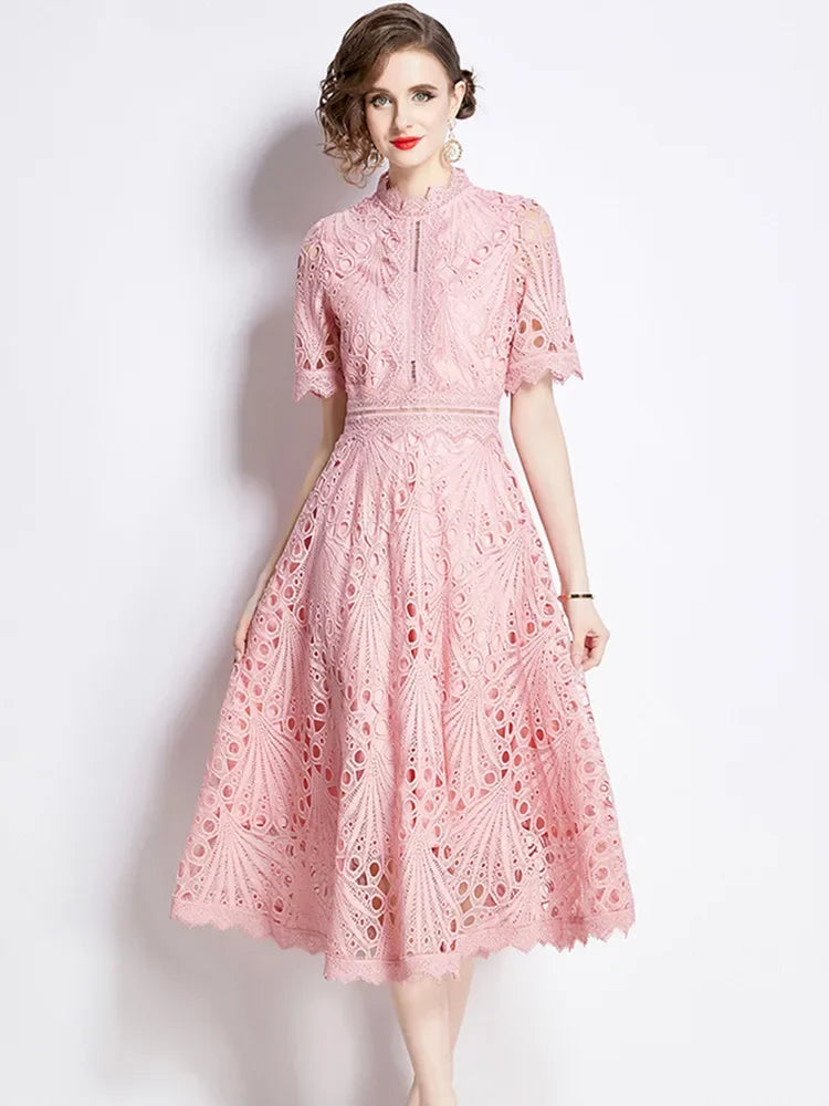 Women's Vintage High-End Lace Hollow-Out Long Dress — Slim Elegant Summer Gown