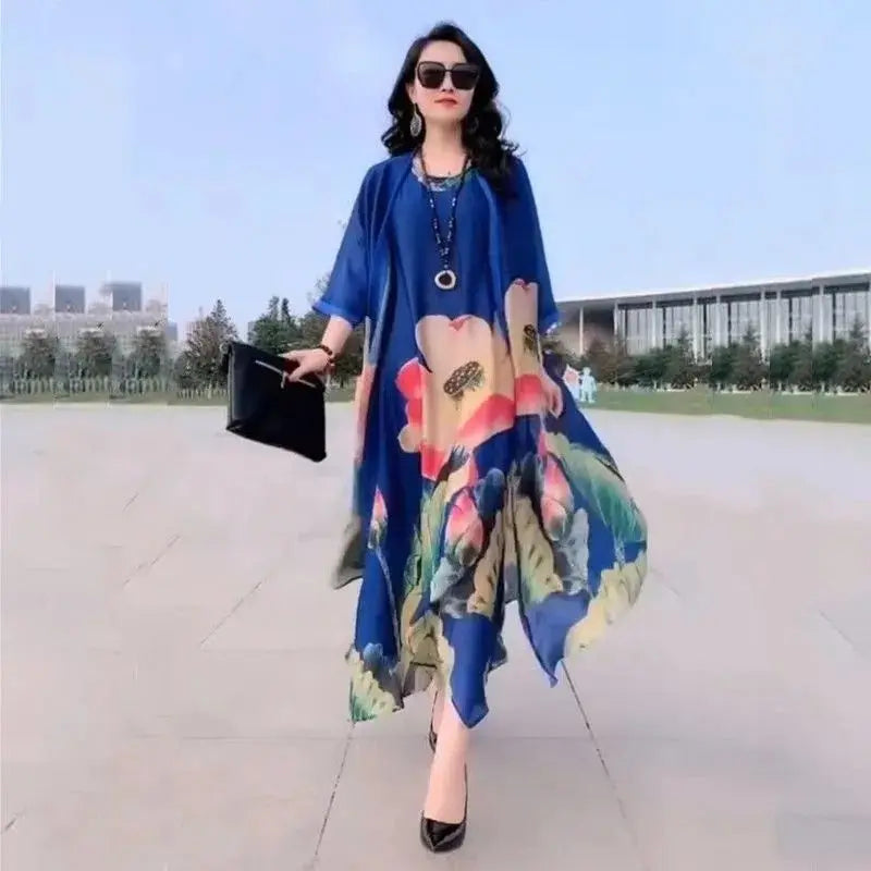 Elegant Printed Chiffon Dress Two-Piece Set