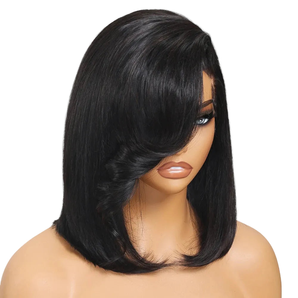 4x4 Lace Closure Bob Wig With Side Swept Bangs 100% Human Hair Glueless Wig Ready To Wear