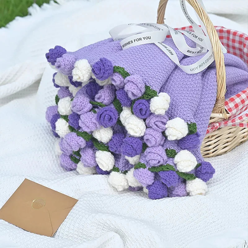 Crochet Flower Bouquet Blanket — Handmade Knit Floral Throw