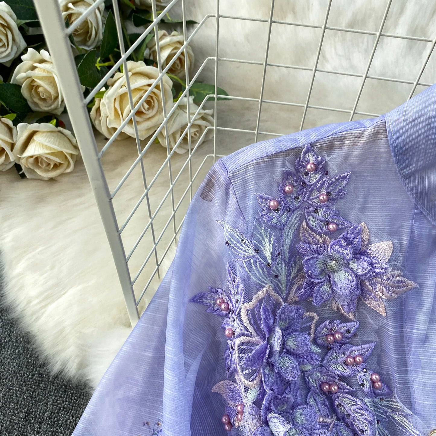 Elegant French Style round Neck Long Sleeve Dress Women's Spring Autumn Heavy Work Floral Embroidery A-Line Skirt Dress