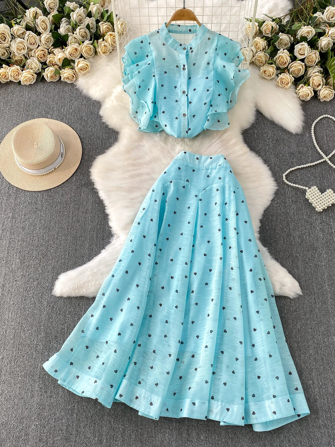 Women's French Style Sweet Chiffon Two-Piece Set — Heart Print Shirt & Flared Skirt