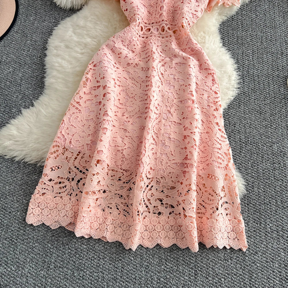 Women's French Style Hollow-Out Lace Dress — Waist-Cinched Short Sleeve A-Line
