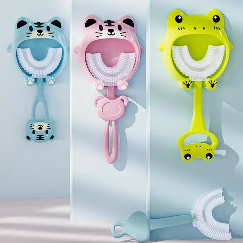 Kids U-Shaped Silicone Toothbrush — 360° Cartoon Design for Ages 1–12