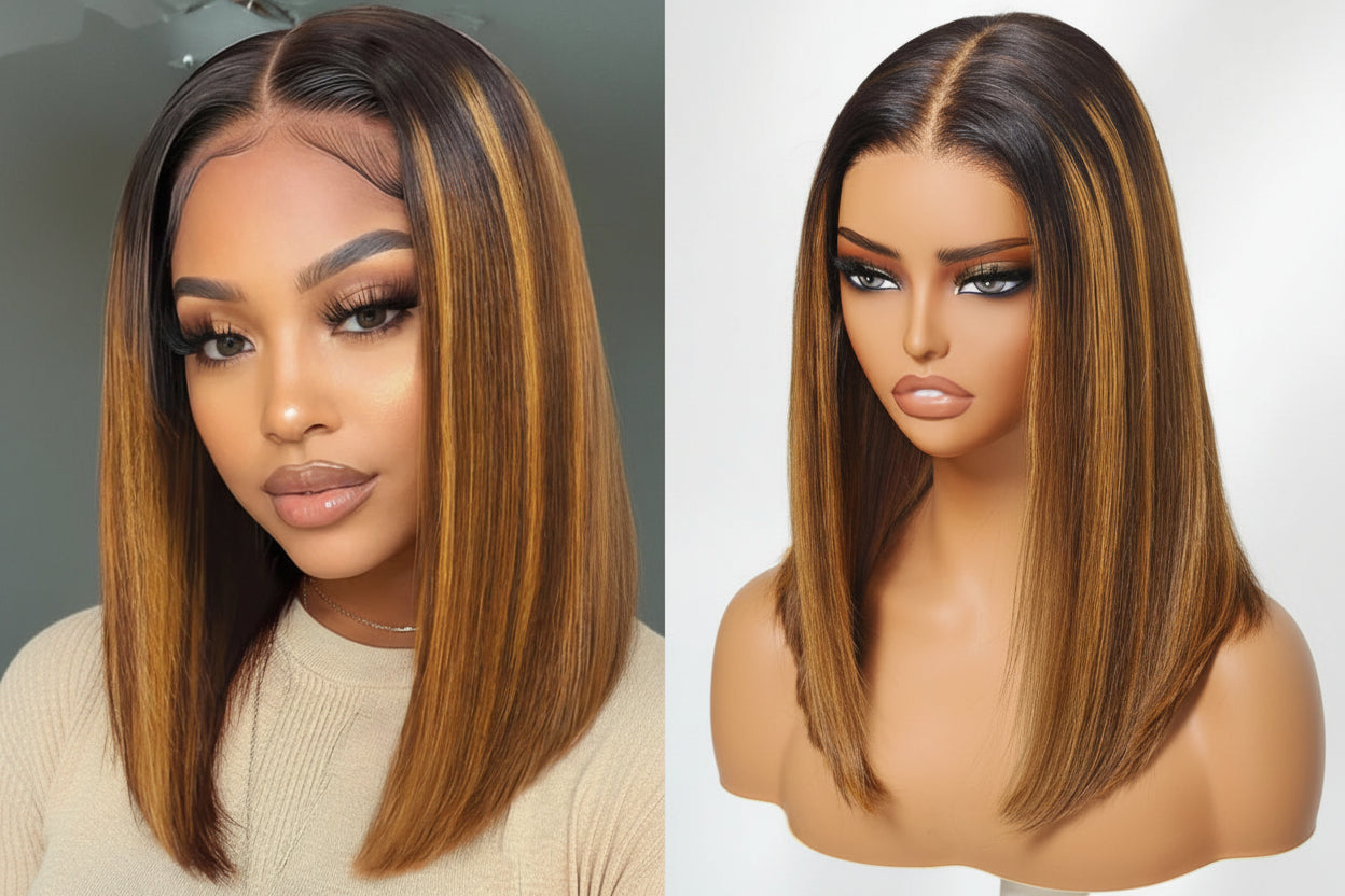Brown With Blonde Piano Highlights Blunt Bob Wig With Dark Roots | No-Slip 7x5 Pre-Cut Glueless Human Hair