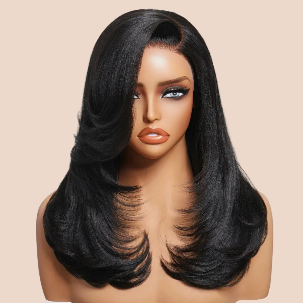Side Part Layered Cut Light Yaki Straight 7x5 Lace Glueless Human Hair Wig Short Bob Wigs