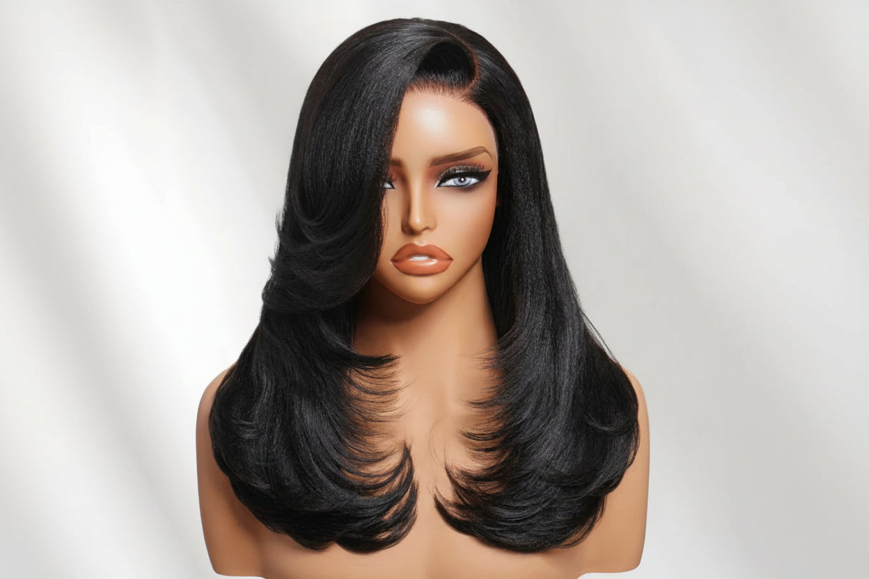 7x5 Lace Drawstring Cap Yaki Straight Wig With Side Bangs Pre Cut Pre Bleached Glueless Wig Human Hair 150% Density