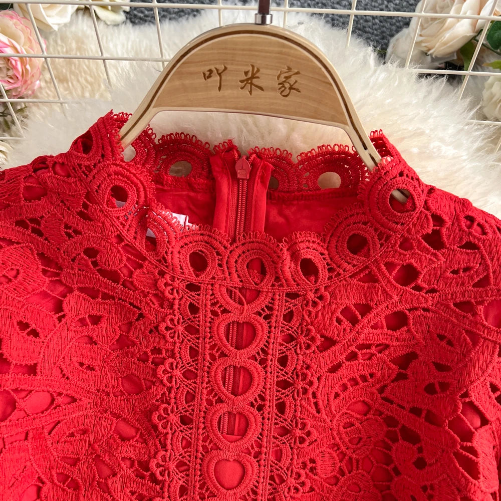 Women's French Style Hollow-Out Lace Dress — Waist-Cinched Short Sleeve A-Line