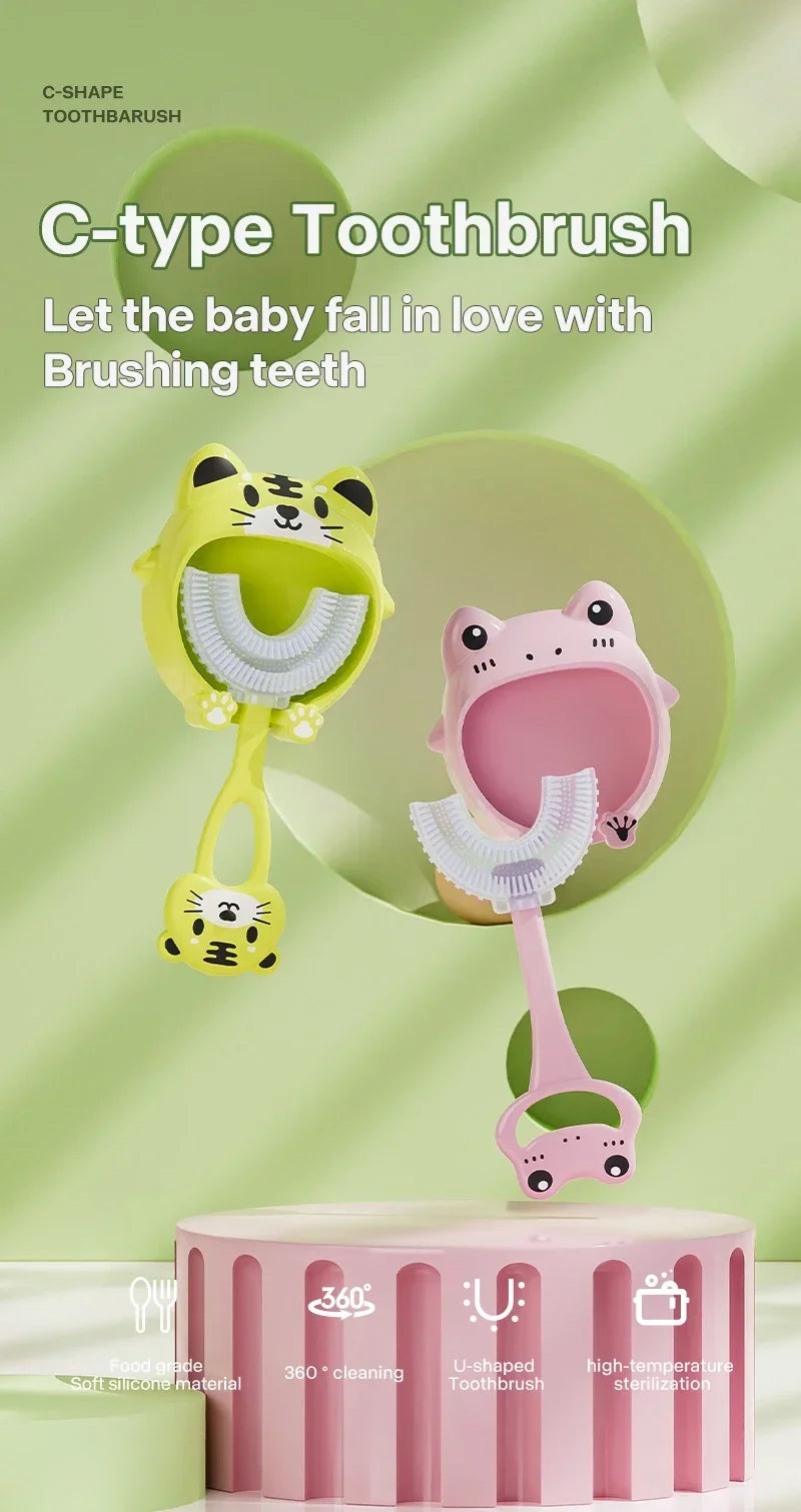 Kids U-Shaped Silicone Toothbrush — 360° Cartoon Design for Ages 1–12
