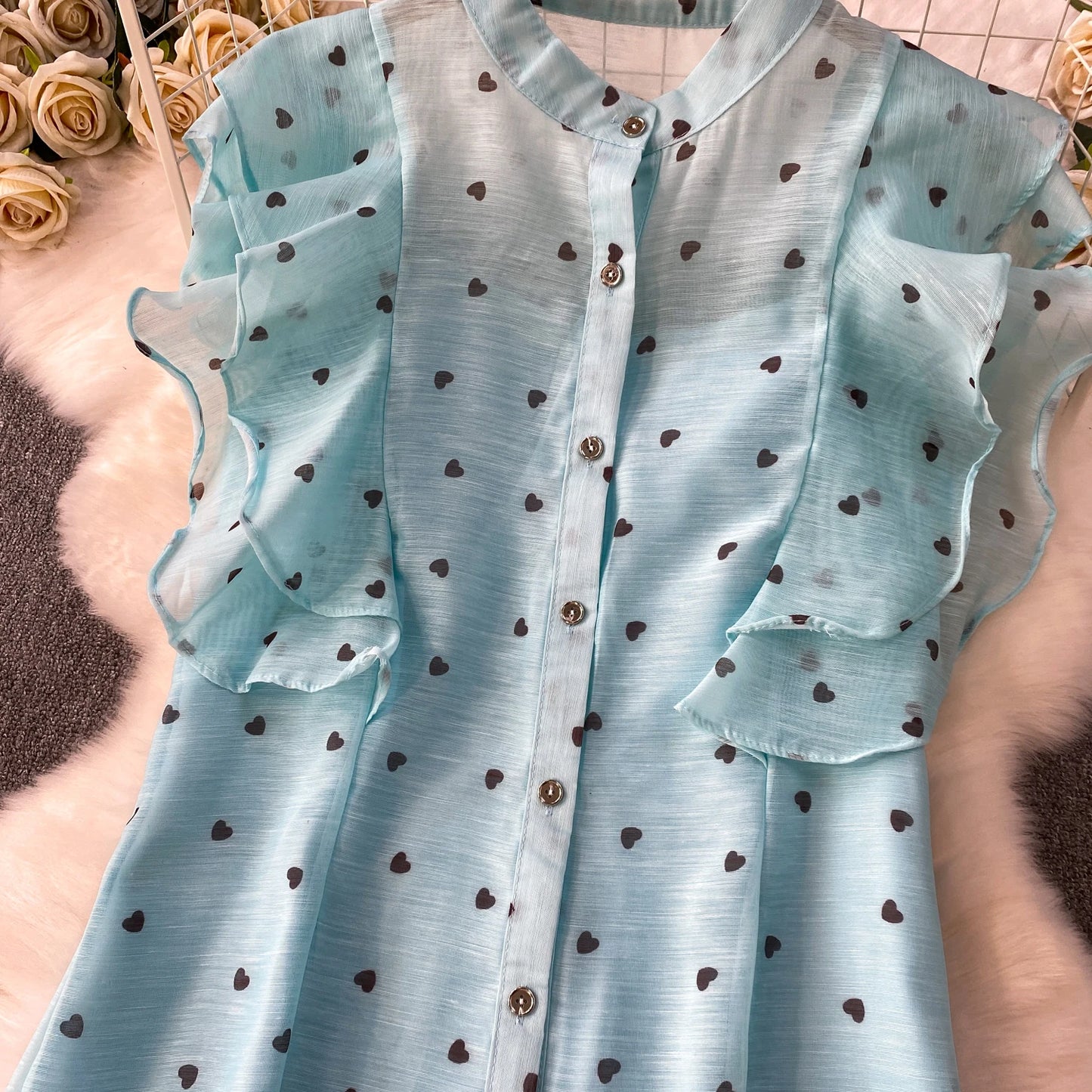 Women's French Style Sweet Chiffon Two-Piece Set — Heart Print Shirt & Flared Skirt