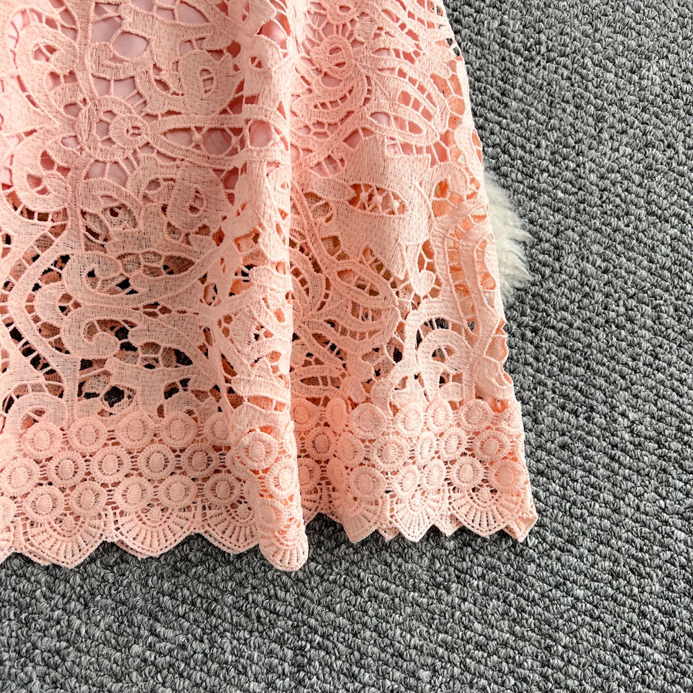 Women's French Style Hollow-Out Lace Dress — Waist-Cinched Short Sleeve A-Line