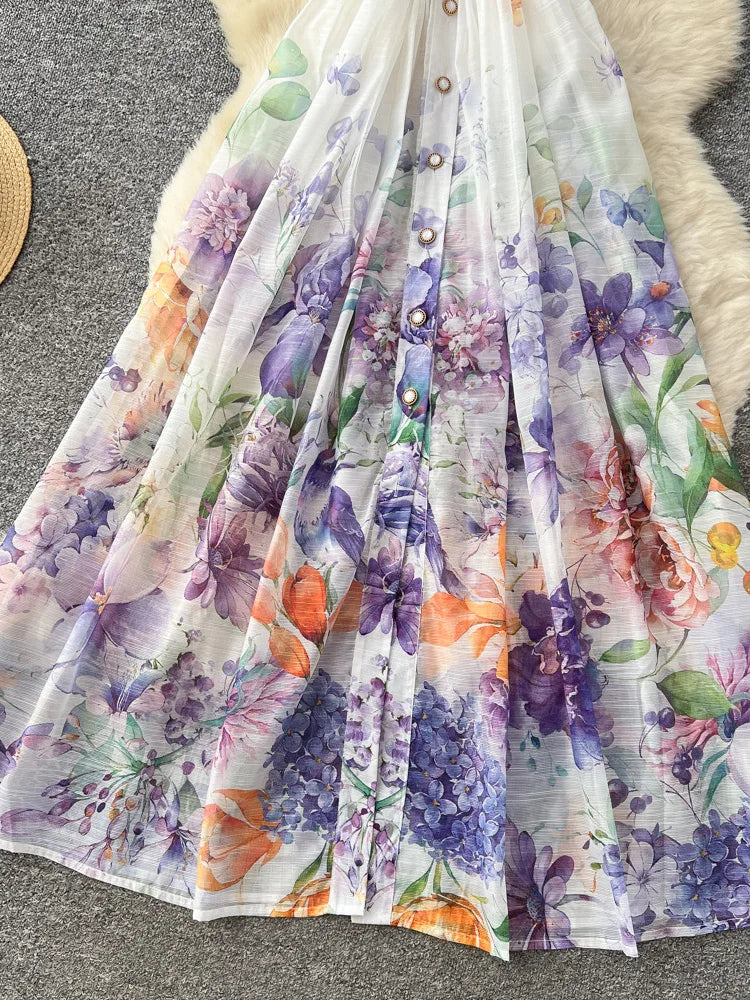 Women's French Countryside Chiffon Printed Dress — Raglan Sleeve A-Line