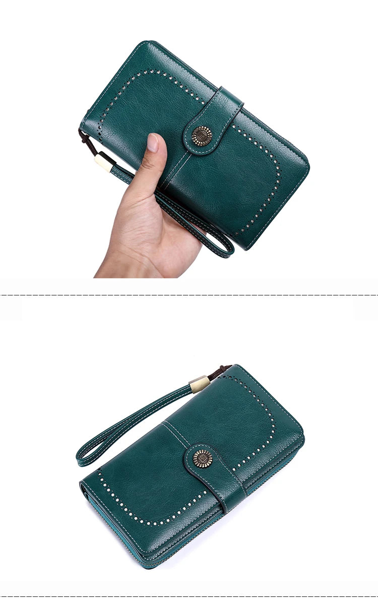 RFID anti-theft brush Retro large capacity long wallet Multi-card women's wallet Multi-function zipper wallet with wrist strap