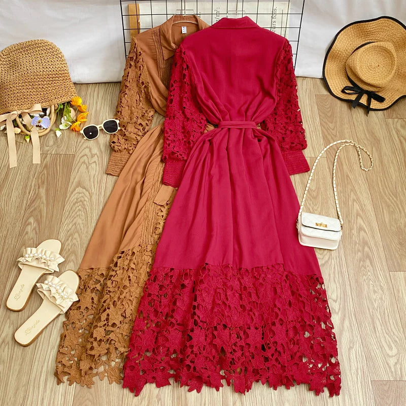 Women's Vintage Lace Bell Sleeve Dress — Waist-Cinching Belt A-Line Gown