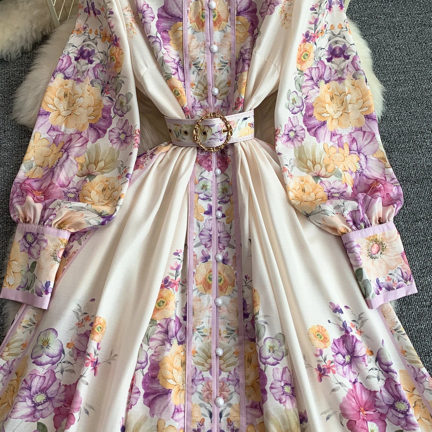 Women's Romantic Print Lantern Sleeve Dress — Belted Split Maxi