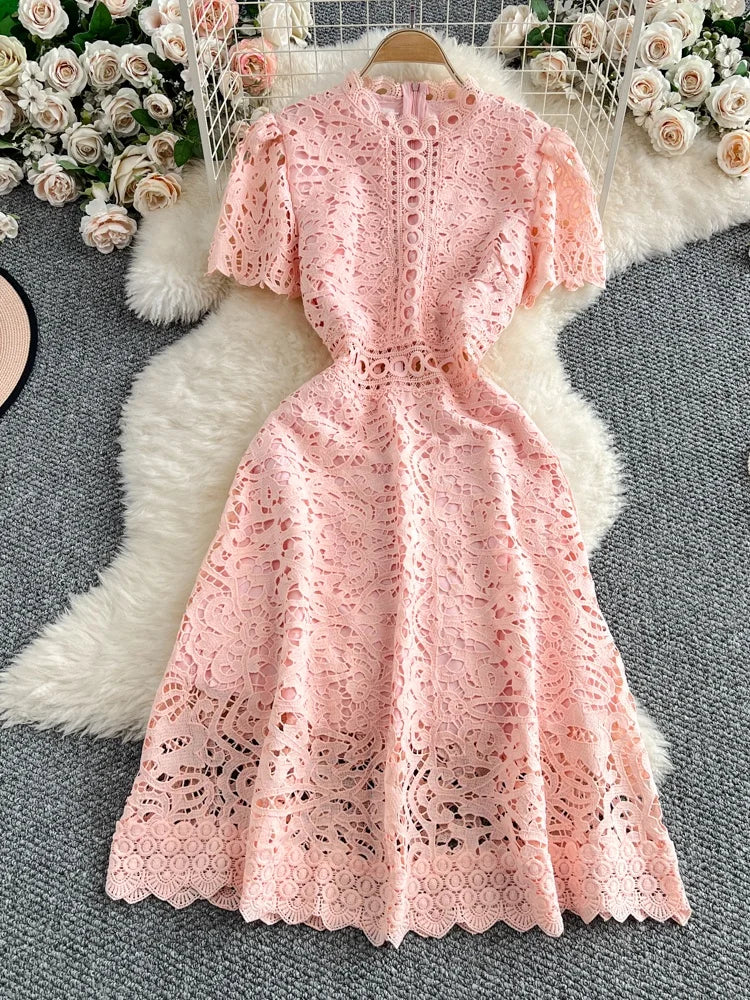 Women's French Style Hollow-Out Lace Dress — Waist-Cinched Short Sleeve A-Line