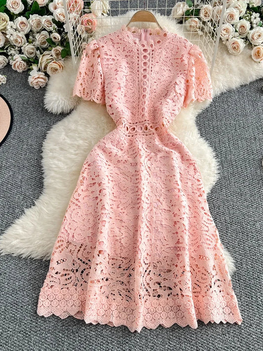 Women's French Style Hollow-Out Lace Dress — Waist-Cinched Short Sleeve A-Line