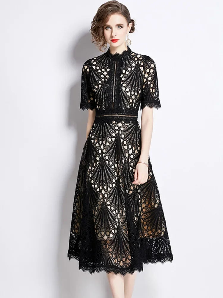 Women's Vintage High-End Lace Hollow-Out Long Dress — Slim Elegant Summer Gown