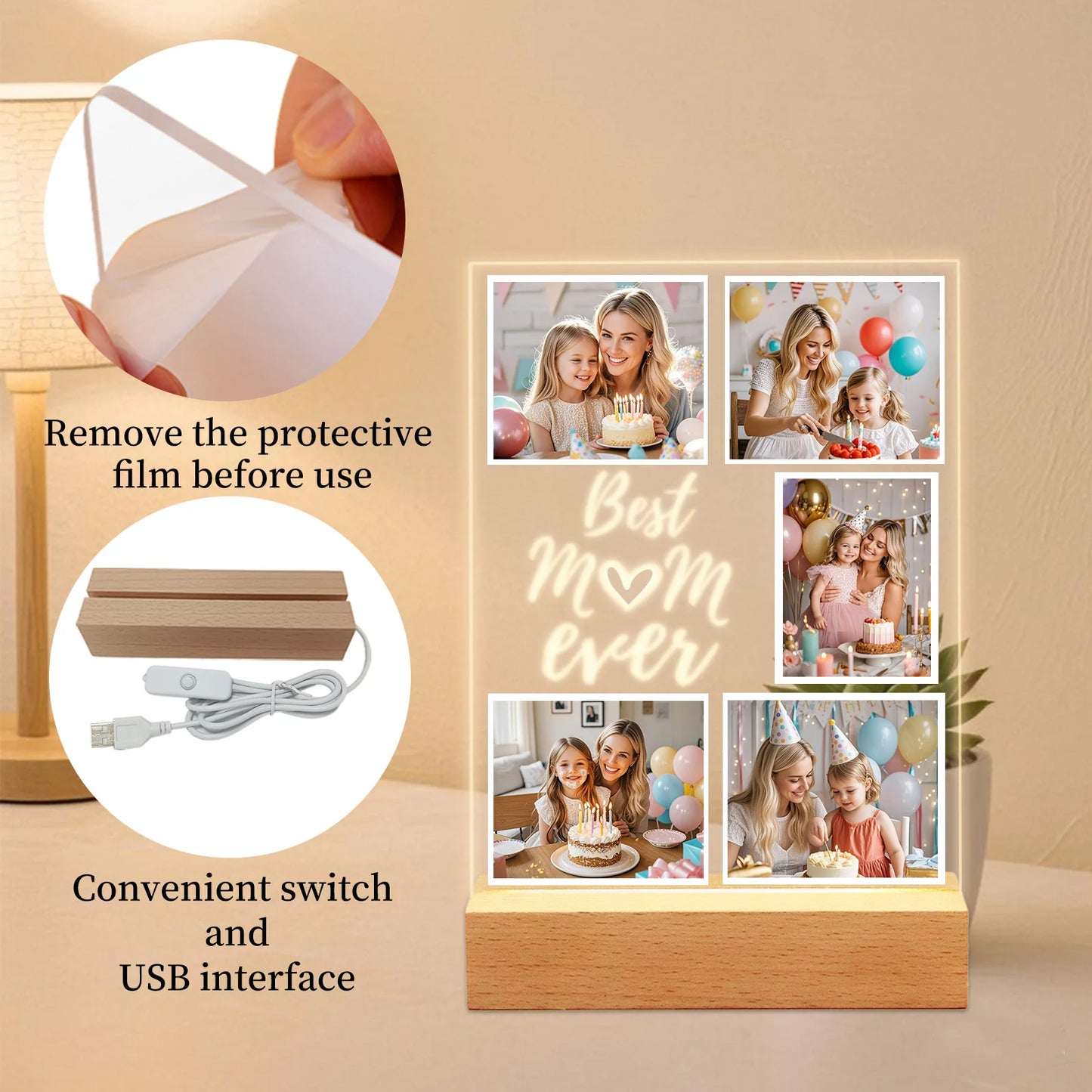 Personalized Acrylic Photo Night Light for Mom — Custom LED Frame