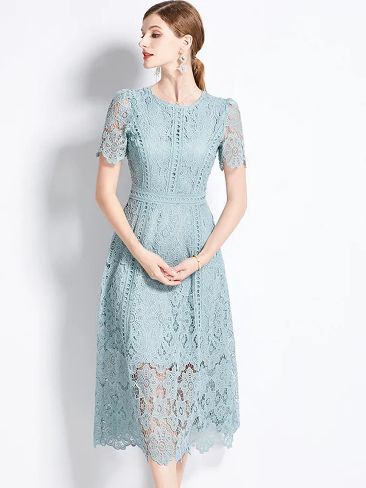 Women's Vintage High-End Lace Hollow-Out Long Dress — Slim Elegant Summer Gown