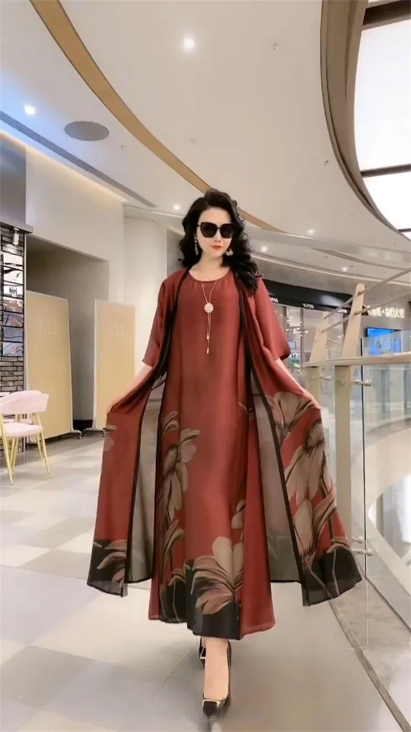 Elegant Printed Chiffon Dress Two-Piece Set