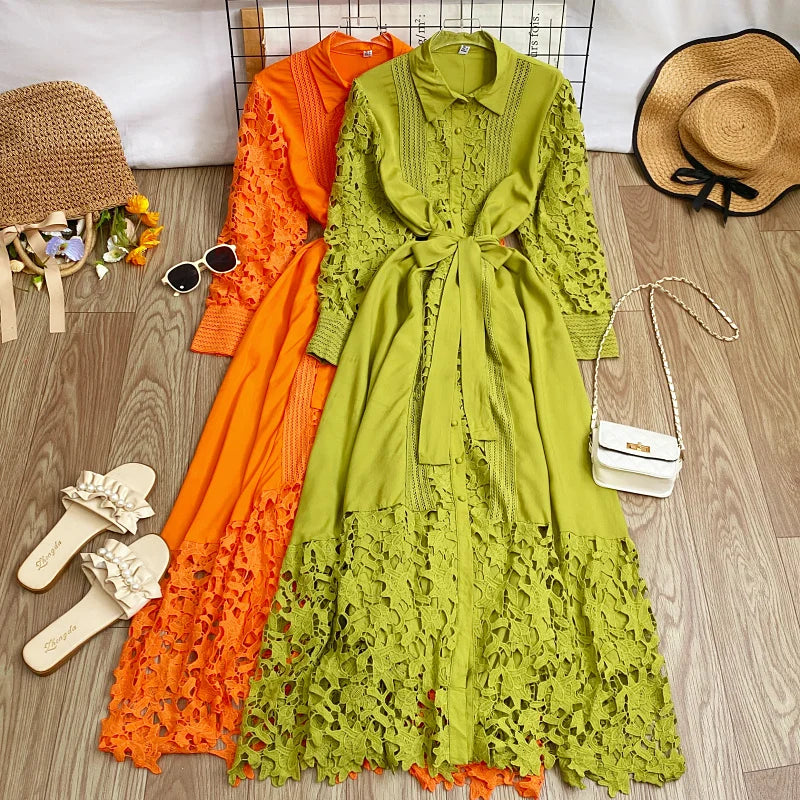 Women's Vintage Lace Bell Sleeve Dress — Waist-Cinching Belt A-Line Gown
