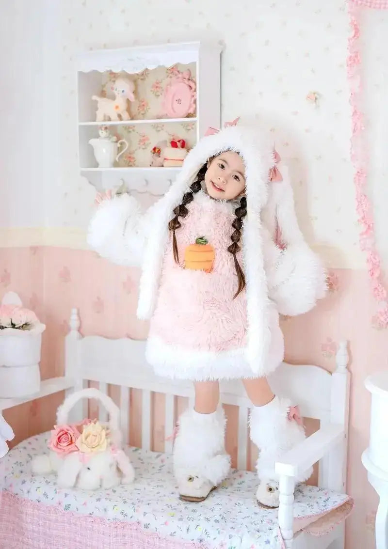 Cartoon Children Plush Rabbit Cosplay Costume Kawaii Kids Winter Warm Sets Top Pants Hat Suit Girl Halloween Party Outfits Gift