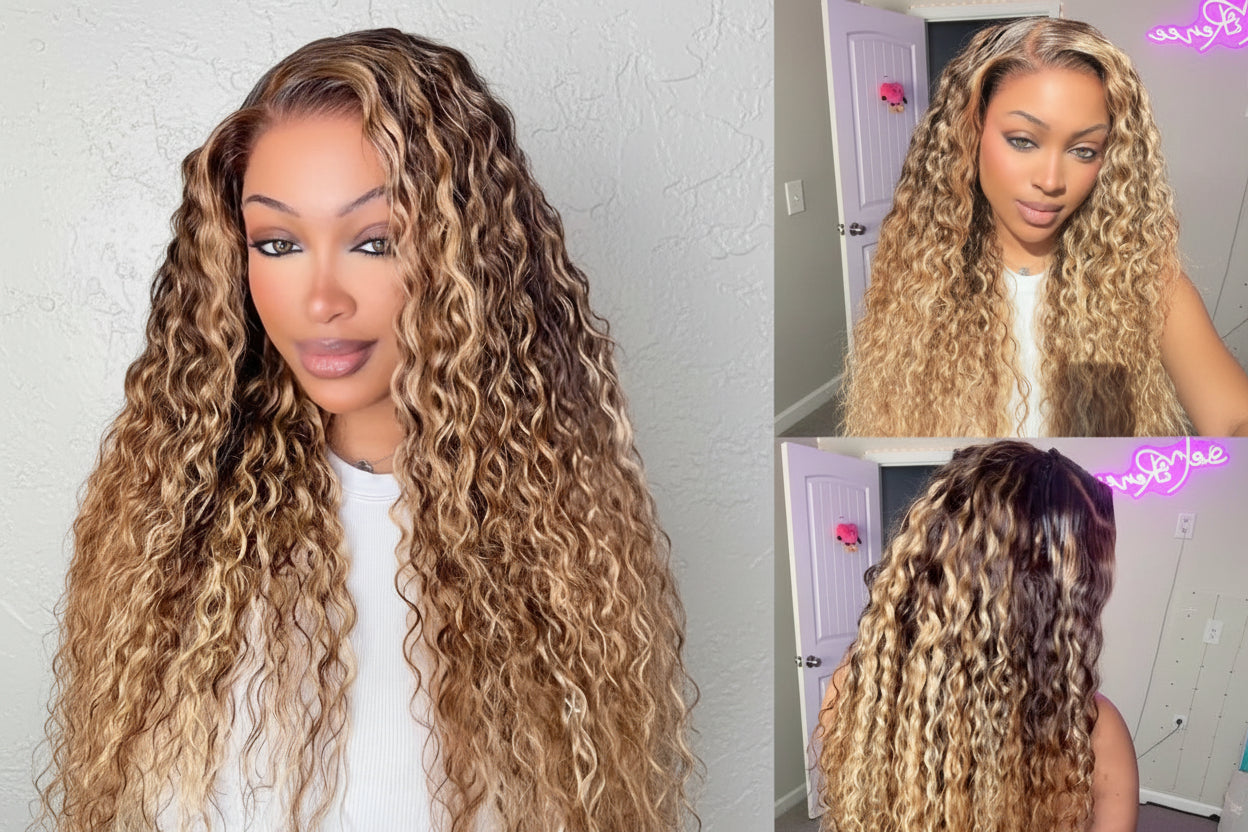 UNice No-Slip 13x4 Lace Frontal Honey Blonde Highlights Water Wave Human Hair Wig With Drawstring Pull & Go Gluele