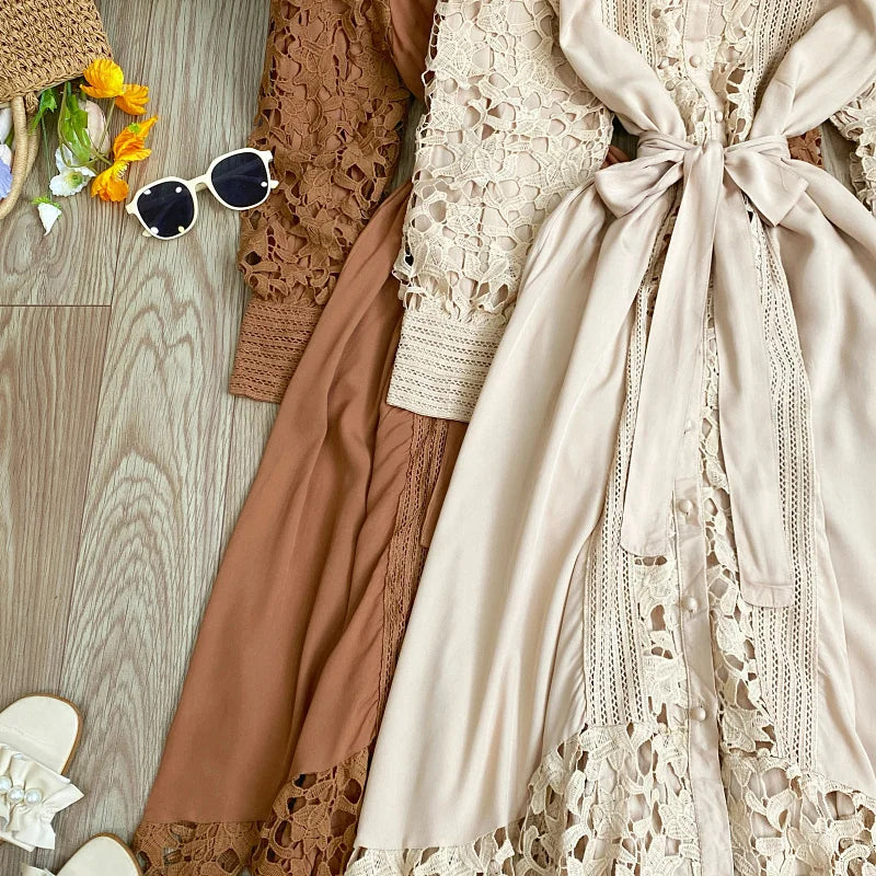 Women's Vintage Lace Bell Sleeve Dress — Waist-Cinching Belt A-Line Gown