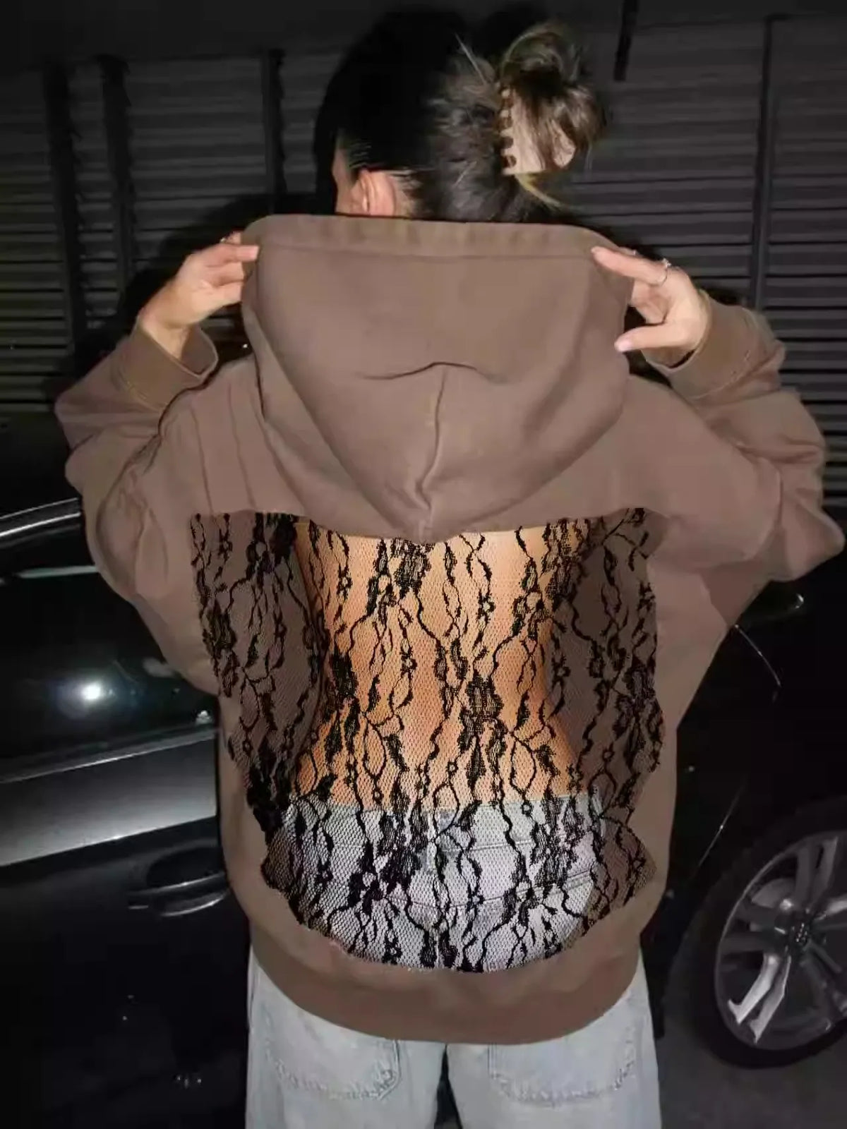 Women's Backless Lace Fleece Hoodie