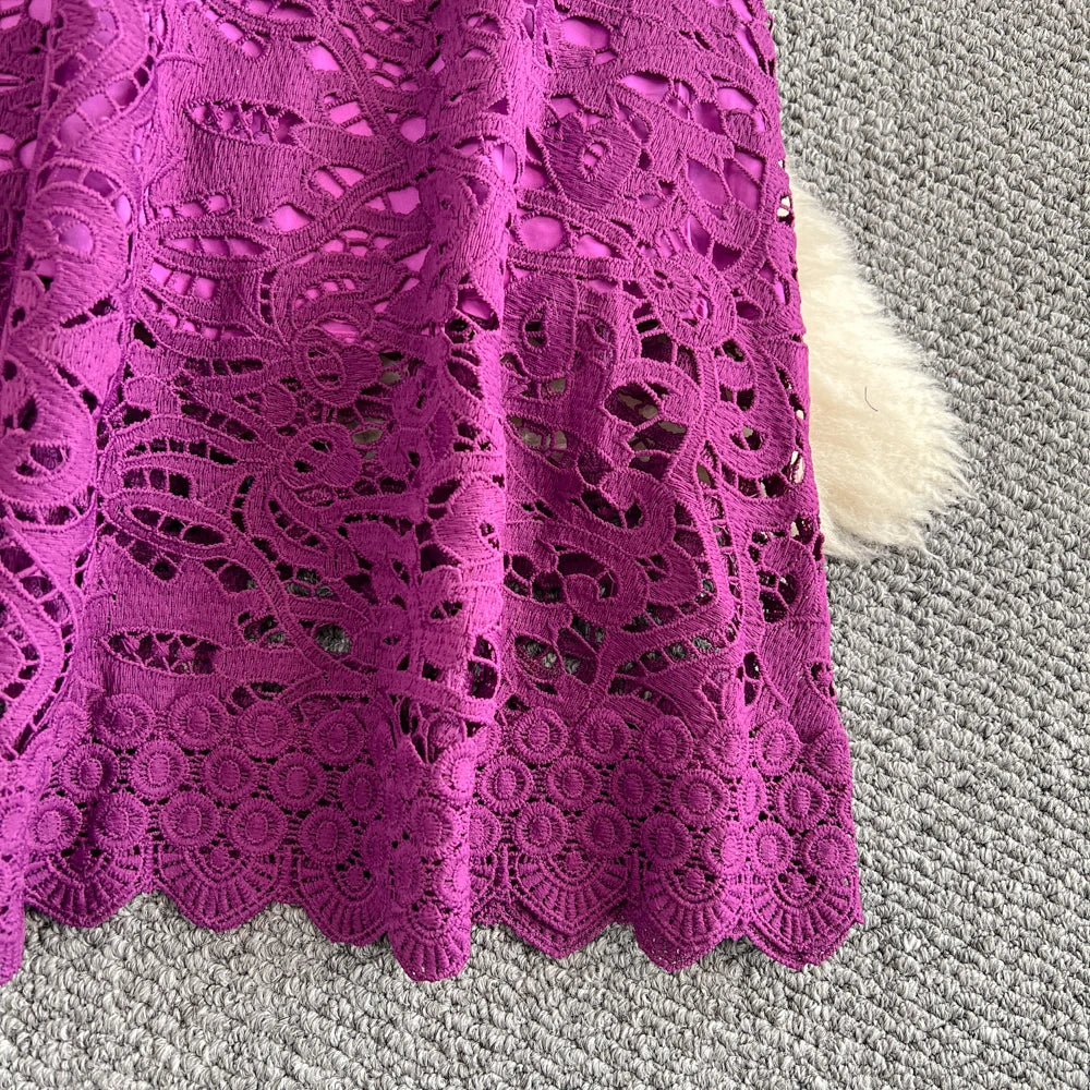 Women's French Style Hollow-Out Lace Dress — Waist-Cinched Short Sleeve A-Line