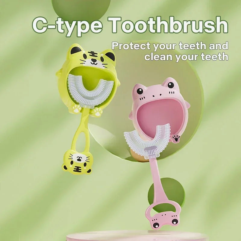 Kids U-Shaped Silicone Toothbrush — 360° Cartoon Design for Ages 1–12