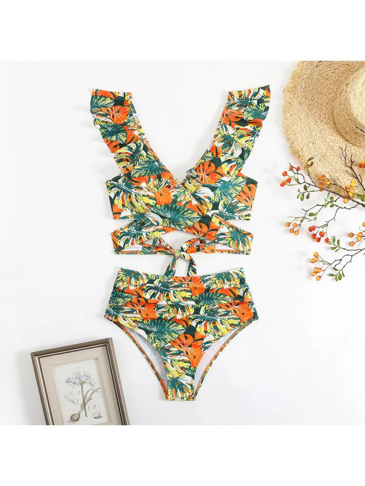Women's Floral Print Two-Piece Bikini Set — High Waist Sexy Ruffled Swimsuit