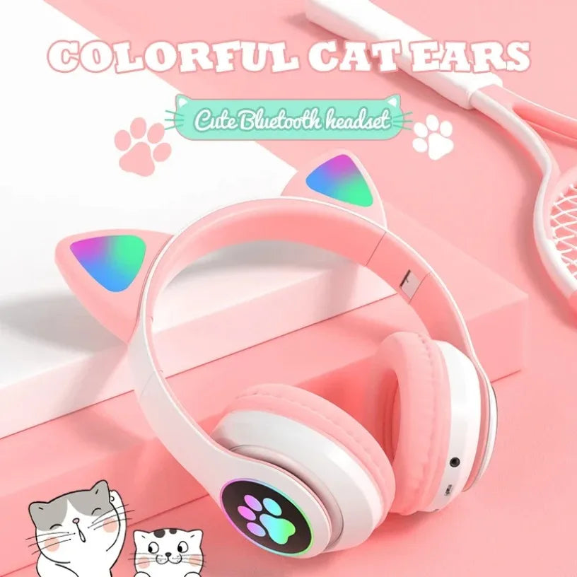 Cat Ears Bluetooth Headphones for Kids – Wireless LED Flash, Mic & TF Card Support