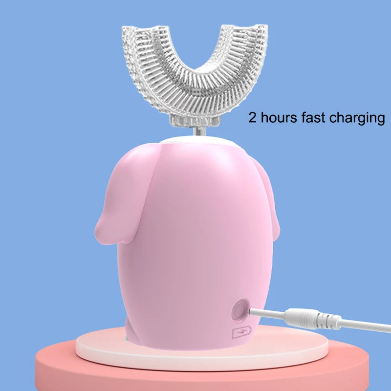 Kids U-Shaped Sonic Electric Toothbrush — 360° Automatic Silicone, USB Rechargeable, Blue Light